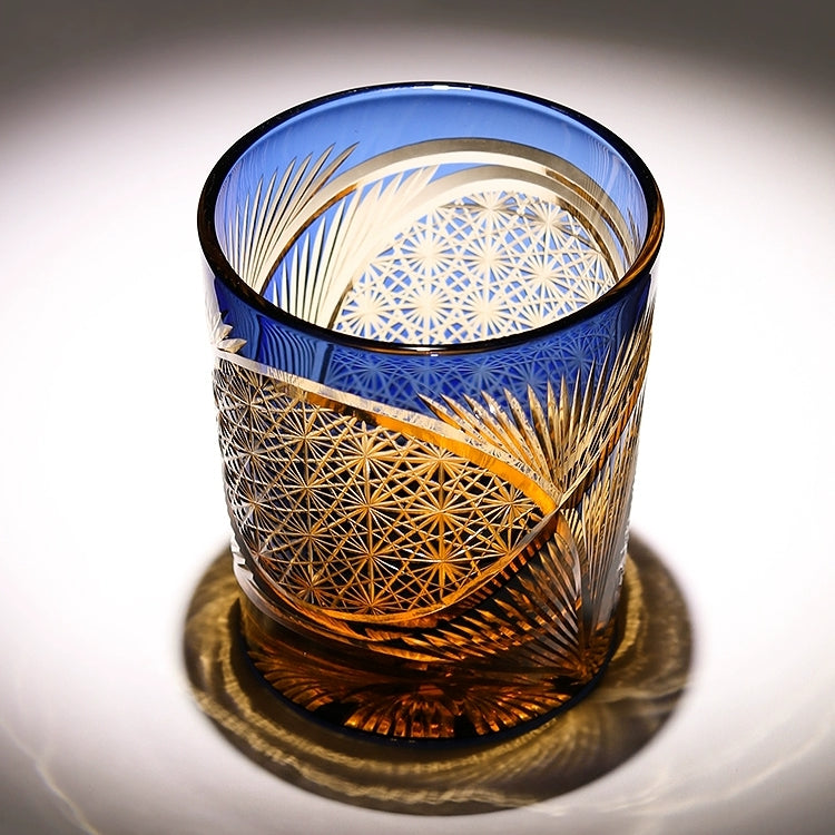 Whiskey Glass Crystal Amber Crane Feather Pattern Japanese Style Barware Gift Box | Thomler
