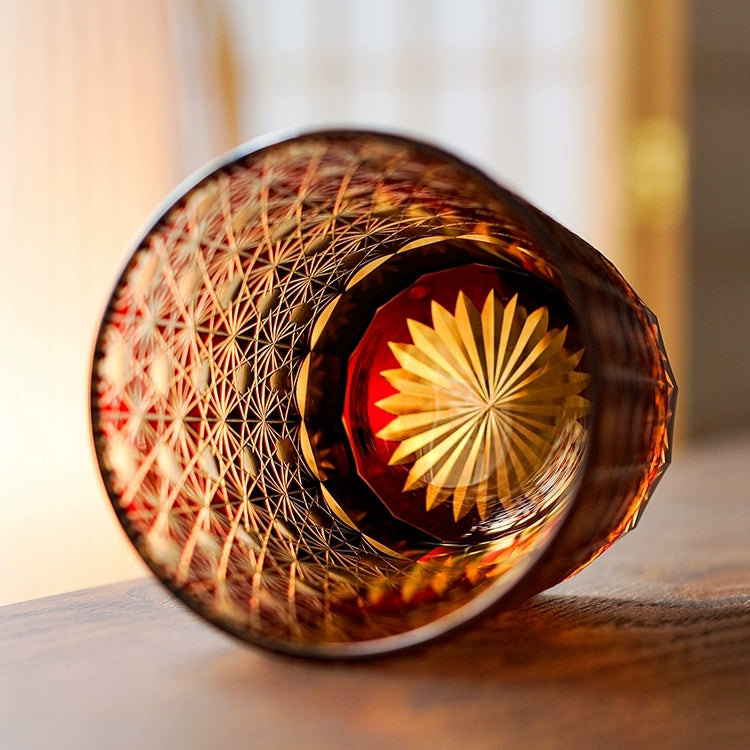 Cut Crystal Whisky Tumblers with Starburst Floral Design in Amber Glass for Bourbon, Scotch & Cocktails | Thomler