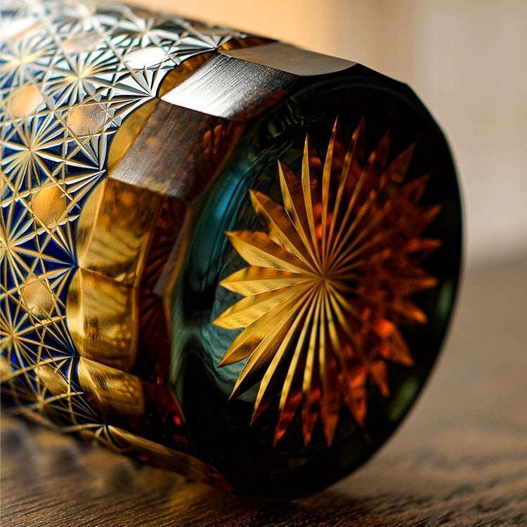 Cut Crystal Whisky Tumblers with Starburst Floral Design in Amber Glass for Bourbon, Scotch & Cocktails | Thomler