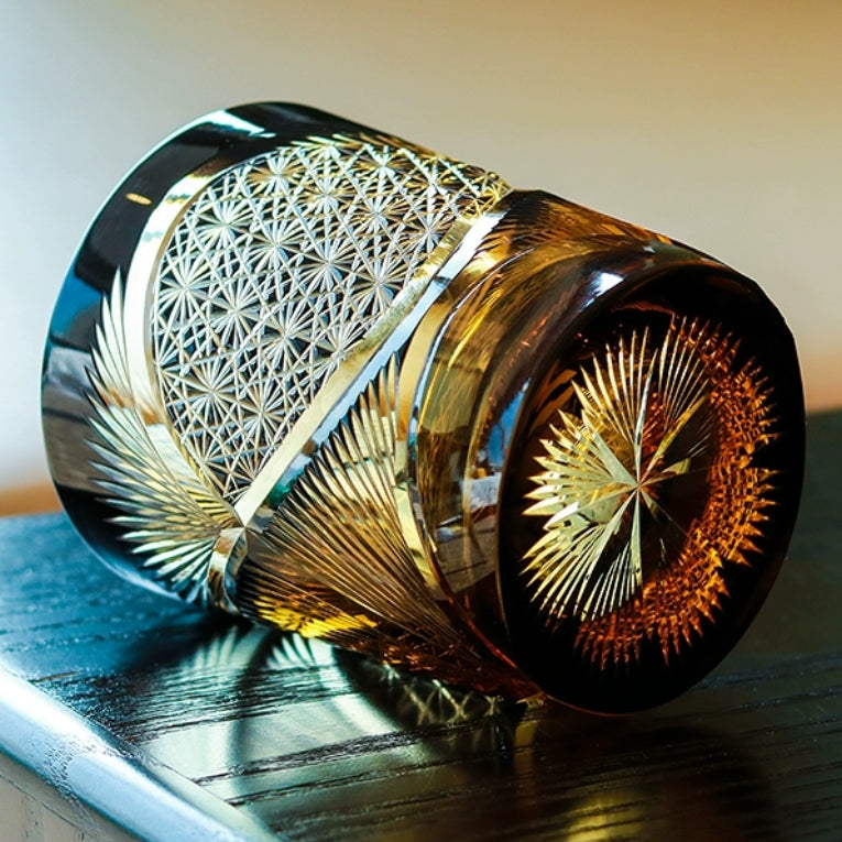 Whiskey Glass Crystal Amber Crane Feather Pattern Japanese Style Barware Gift Box | Thomler