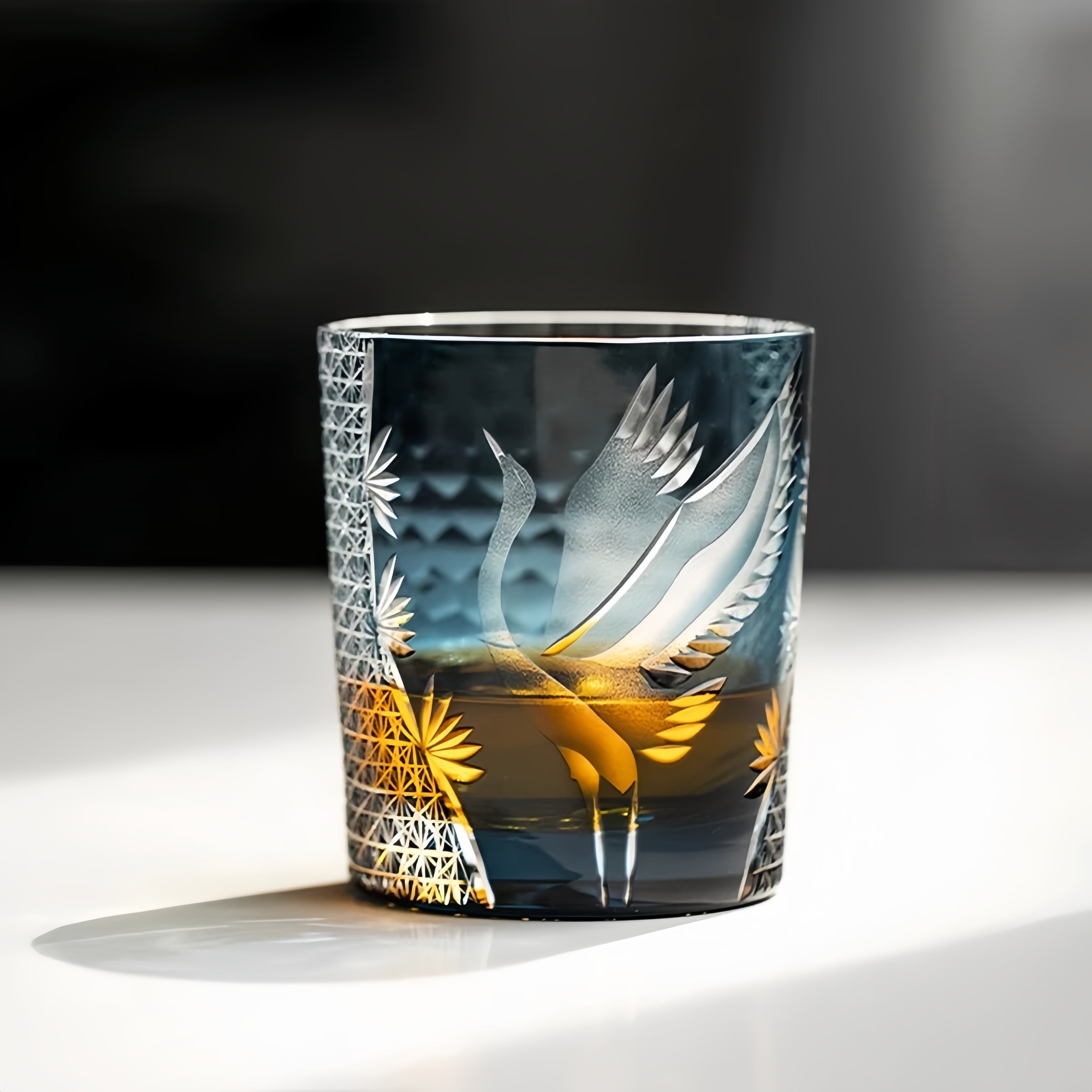Japanese Cut Crystal Whisky Tumbler with Crane Motif and Gift Box for Spirits and Cocktails | Thomler