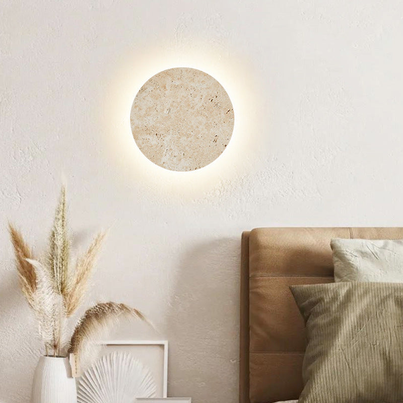 Wall Lamp Travertine Stone 11.8 in Round Warm LED Bedroom Hallway Ambient Lighting Minimalist Natural Stone Sconce | Thomler