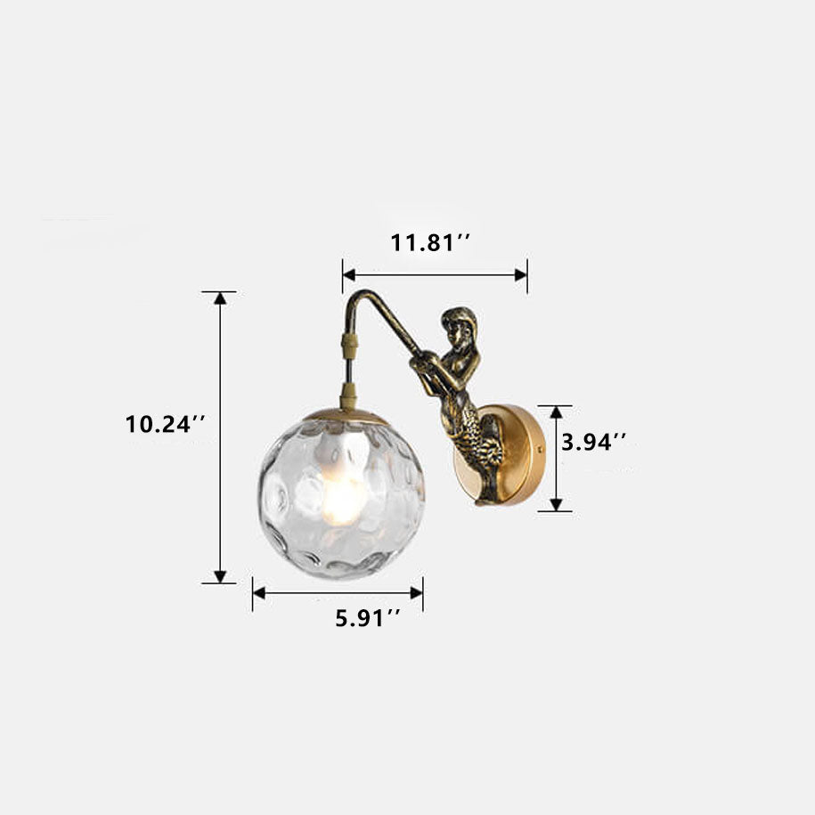 Mermaid Glass Globe Wall Light Fixture Metal Resin Single Sconce Coastal Décor for Bedroom Living Room Hallway Bathroom E26 Hardwired | Thomler