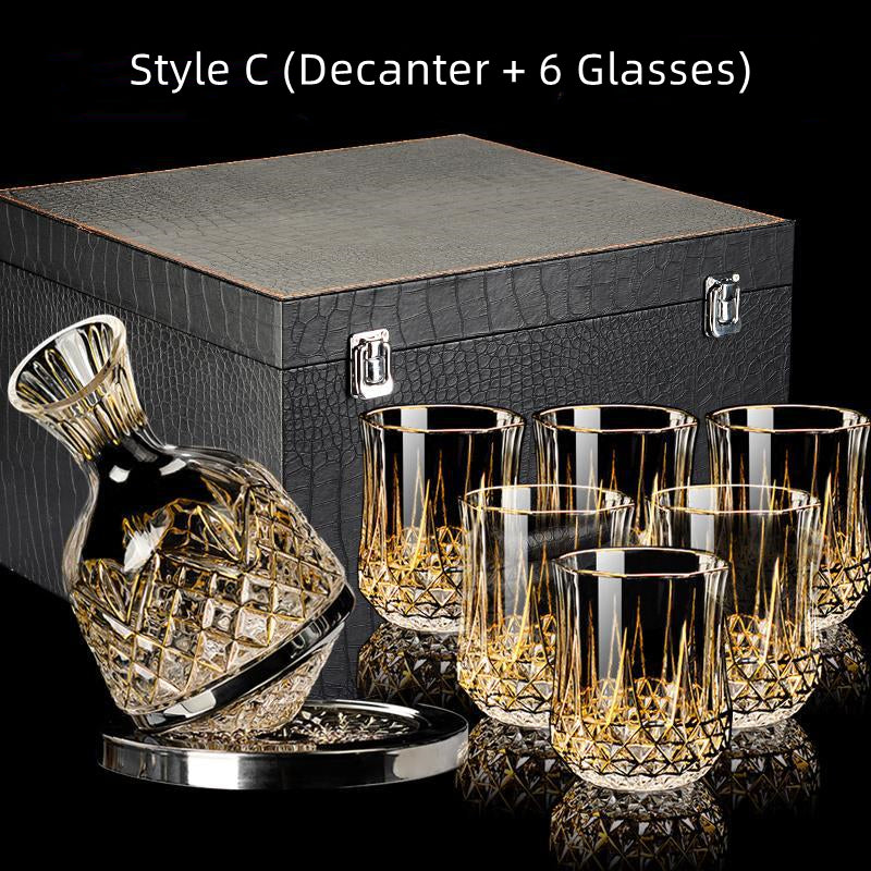 Embossed Gold Accent Wine Glass & Decanter Set with Carrying Case for Elegant Entertaining | Thomler