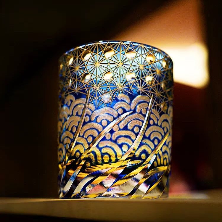 Whiskey Glass Handmade Cut Glass Blue Amber Japanese Whisky Tumbler Gift Collectible Barware Wooden Box | Thomler