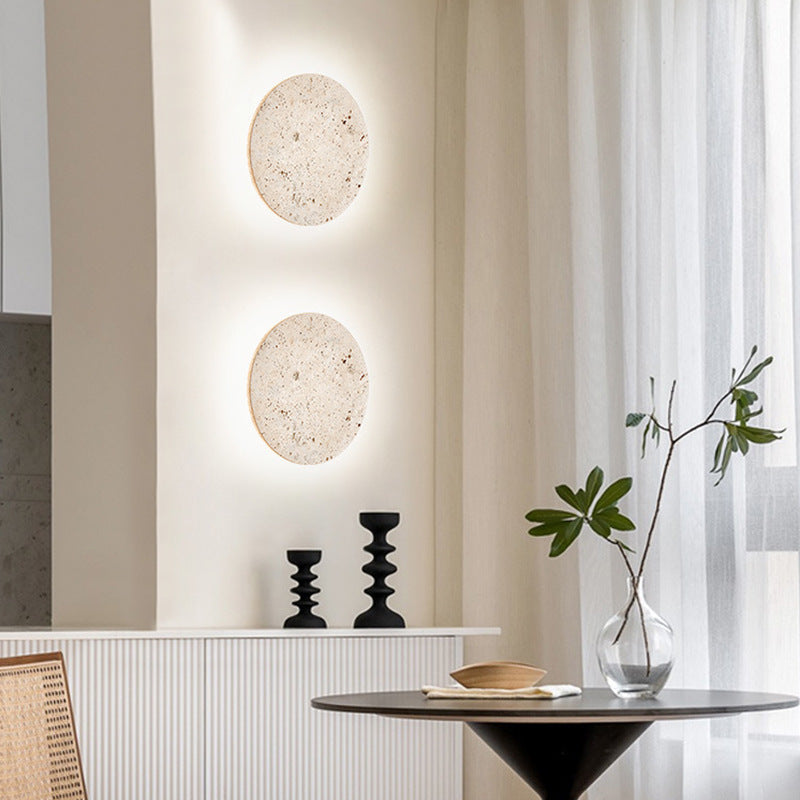 Wall Lamp Travertine Stone 11.8 in Round Warm LED Bedroom Hallway Ambient Lighting Minimalist Natural Stone Sconce | Thomler