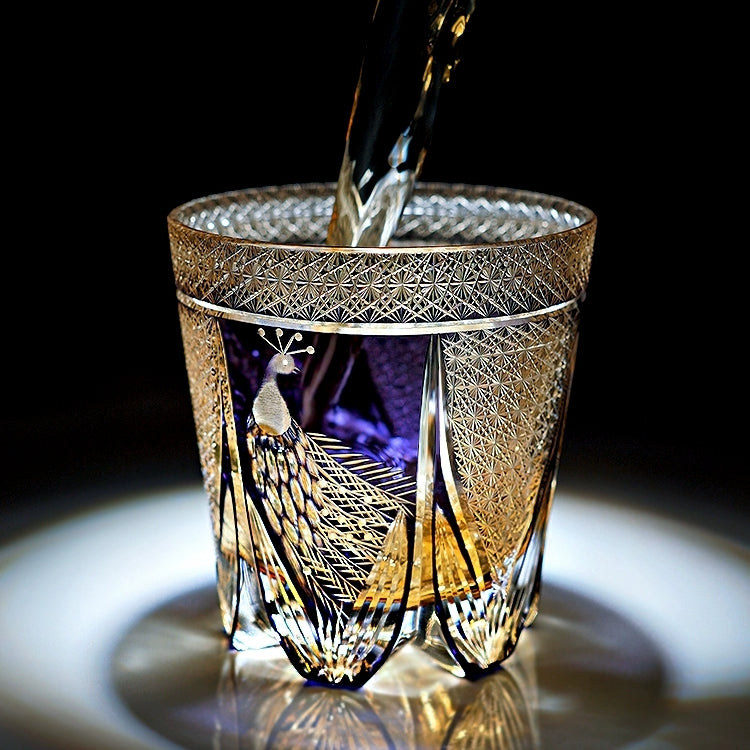 Japanese Cut Crystal Spirits Tumbler with Purple Peacock Motif & Gift Box for Whiskey Bourbon Scotch Cocktails Home Bar Drinkware Glassware | Thomler