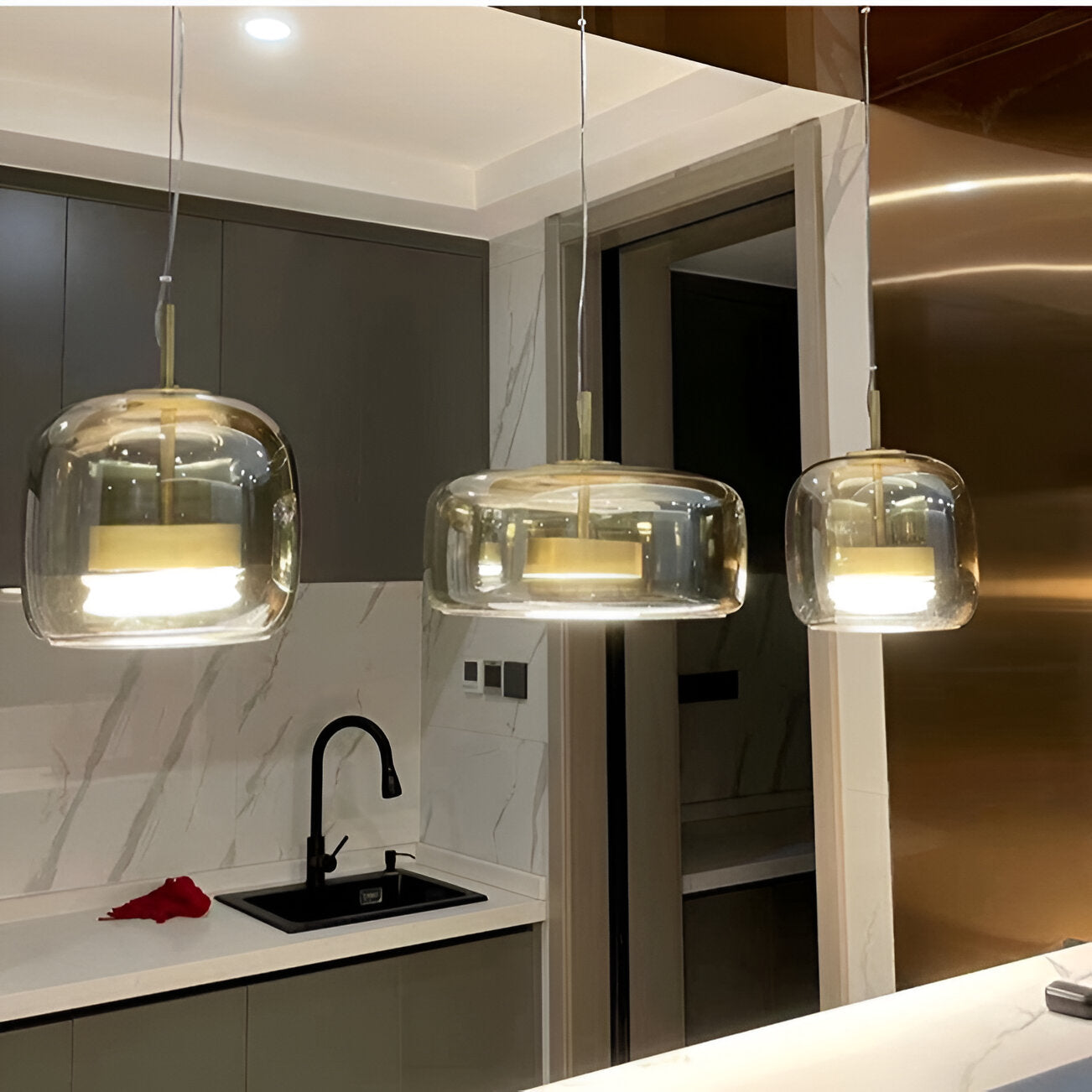 Pendant Light Glass Dome 15.0 in Smoked Gray Kitchen Island Dining Room Adjustable Triple Hanging Ceiling Fixture | Thomler
