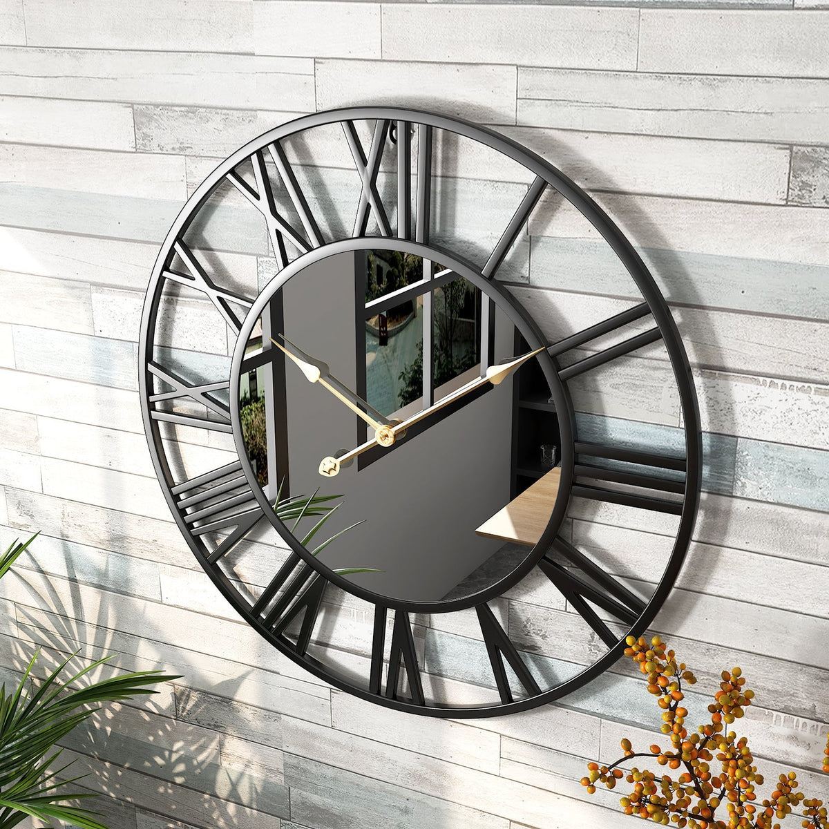15 Inch Industrial Metal Wall Clock with Mirror Accents for Living Room, Bedroom, Office | Modern Vintage Timepiece | Battery Operated | Thomler