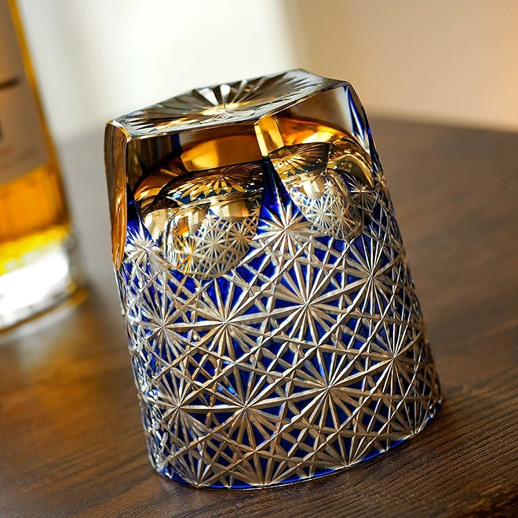 Whiskey Glass Handmade Cut Glass Blue Amber Japanese Whisky Tumbler Gift Collectible Barware Wooden Box | Thomler