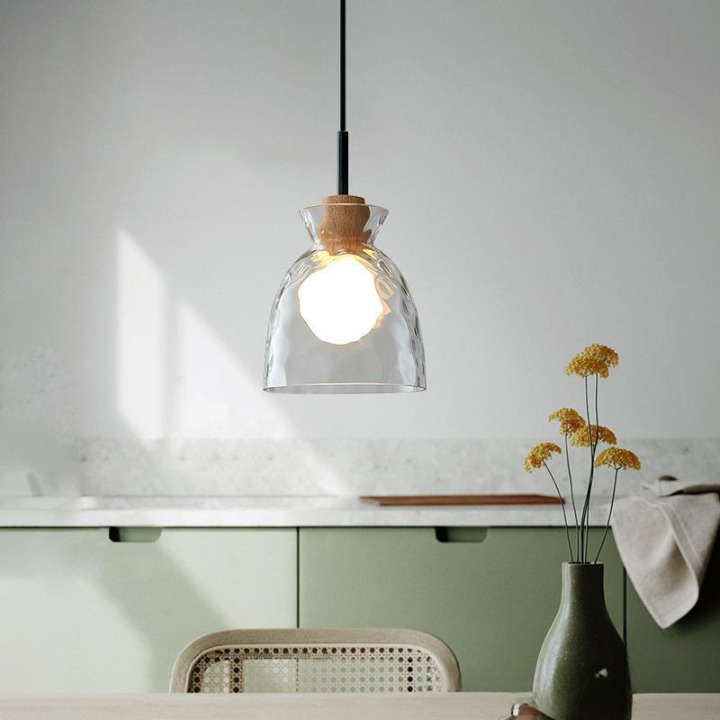 Pendant Light Glass Wood 10.6 in Adjustable Dining Room Kitchen Island Hanging Ceiling Lamp Scandinavian Minimalist Clear Shade | Thomler