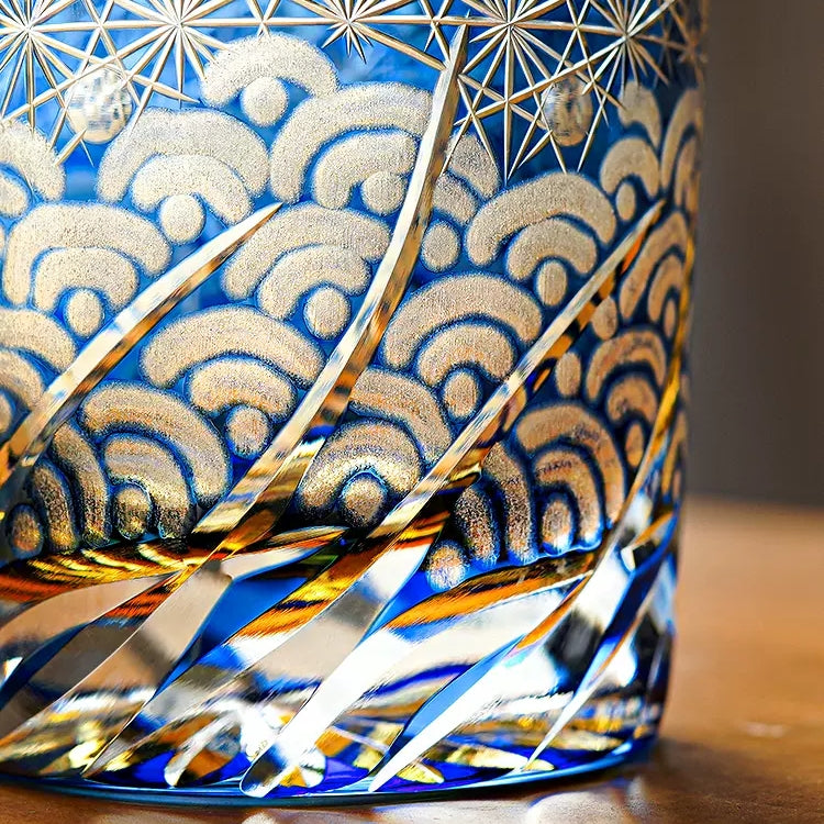 Whiskey Glass Handmade Cut Glass Blue Amber Japanese Whisky Tumbler Gift Collectible Barware Wooden Box | Thomler