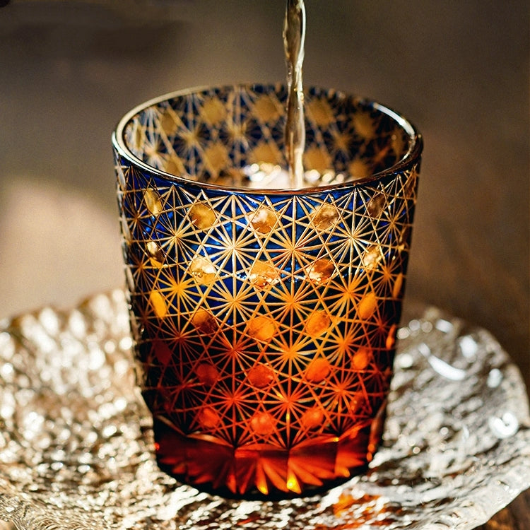 Cut Crystal Whisky Tumblers with Starburst Floral Design in Amber Glass for Bourbon, Scotch & Cocktails | Thomler