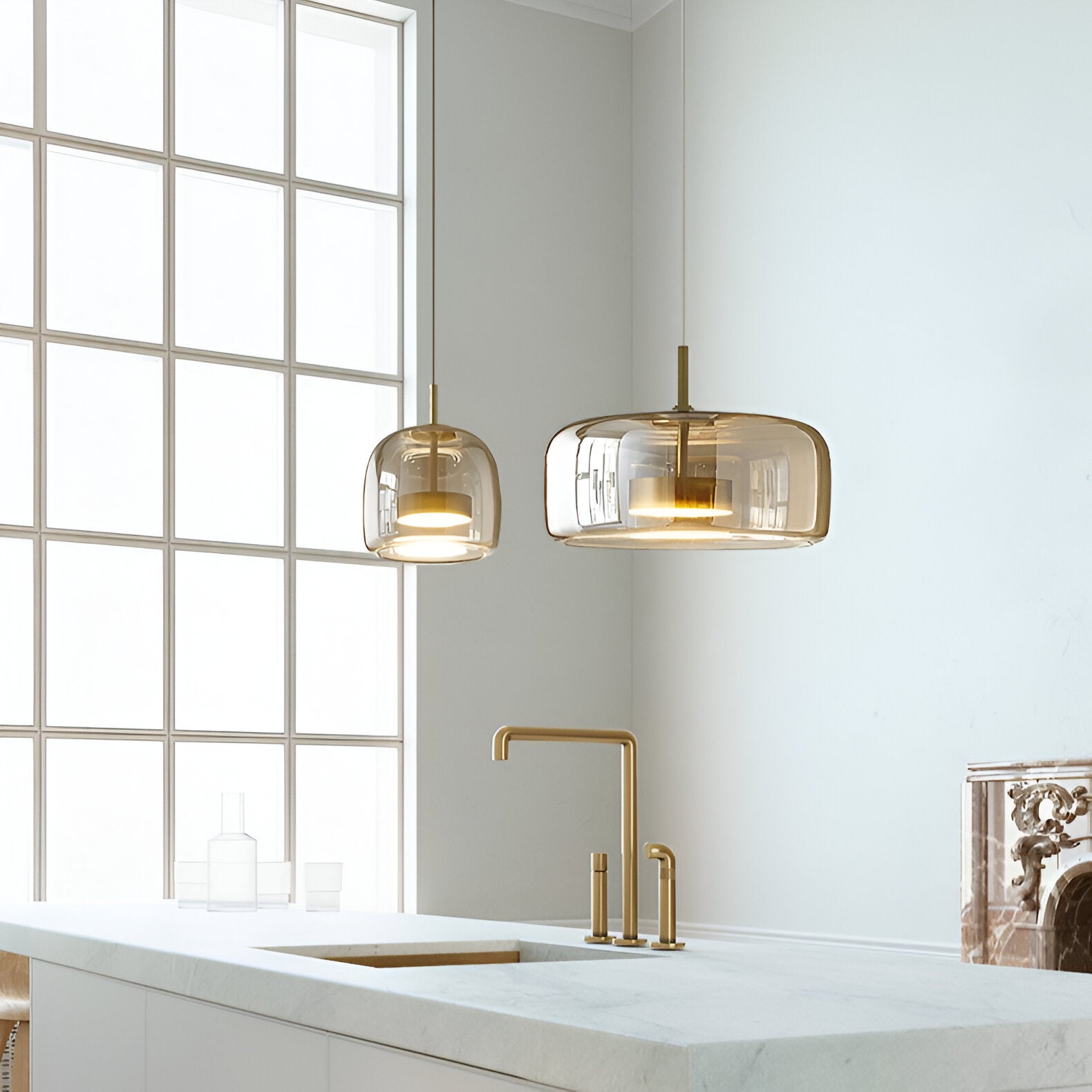Pendant Light Glass Dome 15.0 in Smoked Gray Kitchen Island Dining Room Adjustable Triple Hanging Ceiling Fixture | Thomler