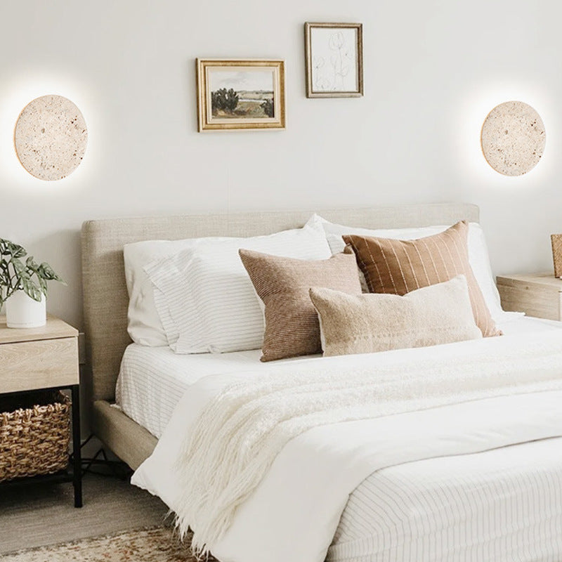 Wall Lamp Travertine Stone 11.8 in Round Warm LED Bedroom Hallway Ambient Lighting Minimalist Natural Stone Sconce | Thomler