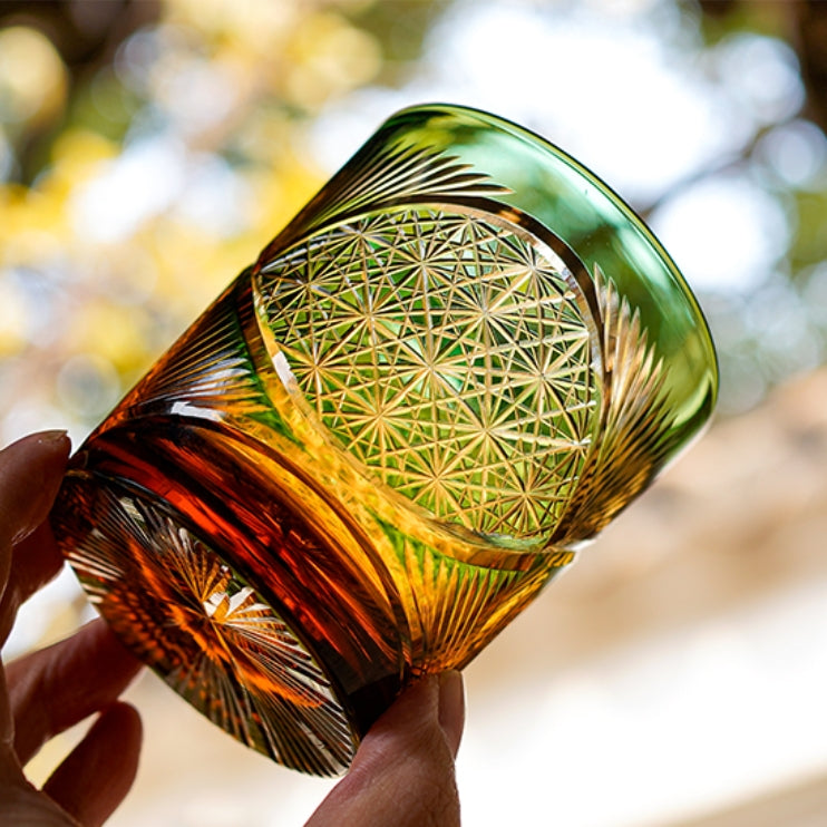 Whiskey Glass Crystal Amber Crane Feather Pattern Japanese Style Barware Gift Box | Thomler