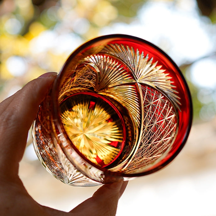 Whiskey Glass Crystal Amber Crane Feather Pattern Japanese Style Barware Gift Box | Thomler