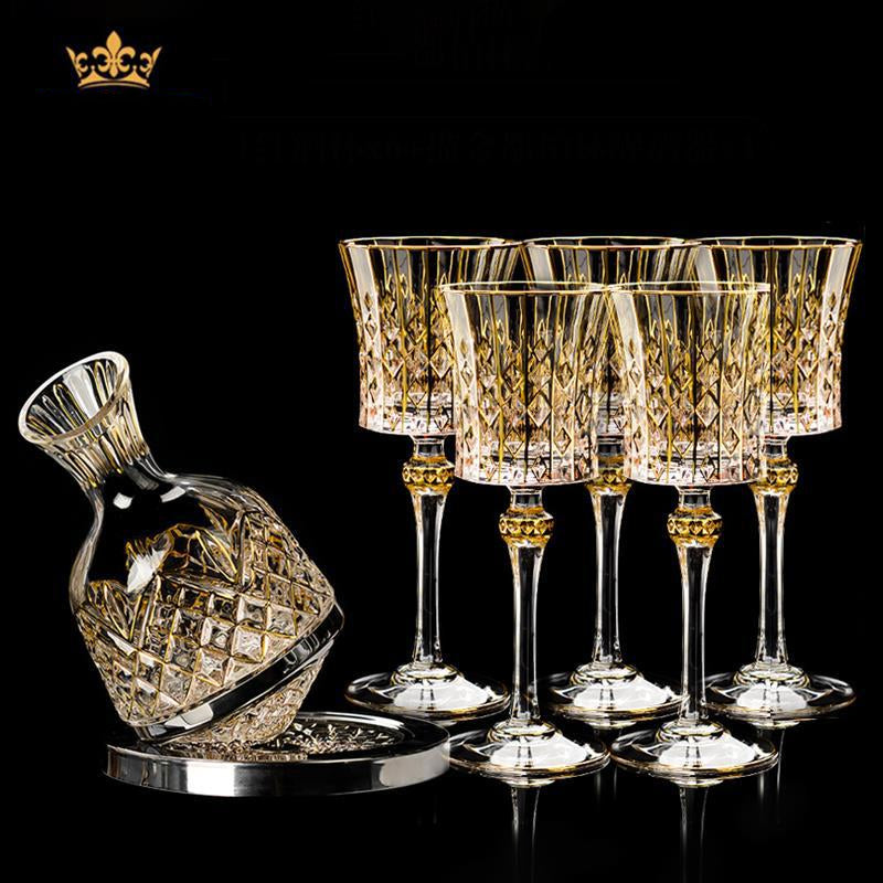 Embossed Gold Accent Wine Glass & Decanter Set with Carrying Case for Elegant Entertaining | Thomler