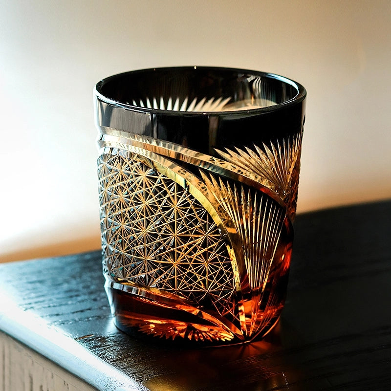 Whiskey Glass Crystal Amber Crane Feather Pattern Japanese Style Barware Gift Box | Thomler