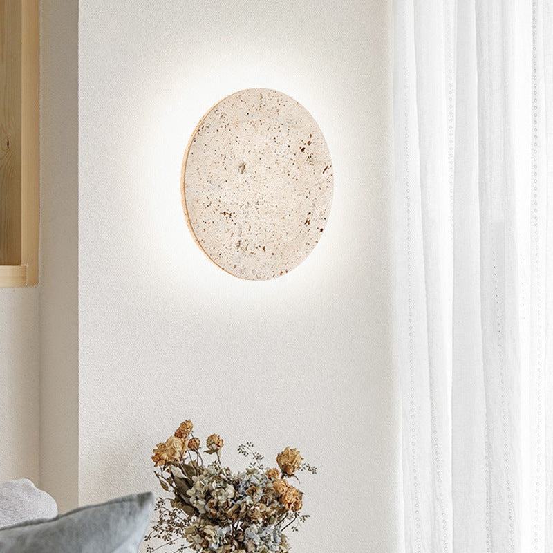 Wall Lamp Travertine Stone 11.8 in Round Warm LED Bedroom Hallway Ambient Lighting Minimalist Natural Stone Sconce | Thomler
