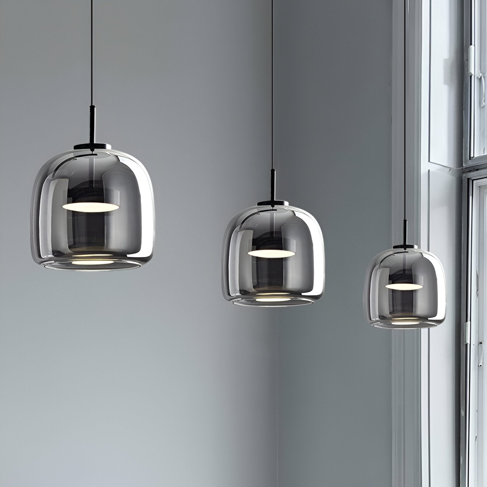 Pendant Light Glass Dome 15.0 in Smoked Gray Kitchen Island Dining Room Adjustable Triple Hanging Ceiling Fixture | Thomler