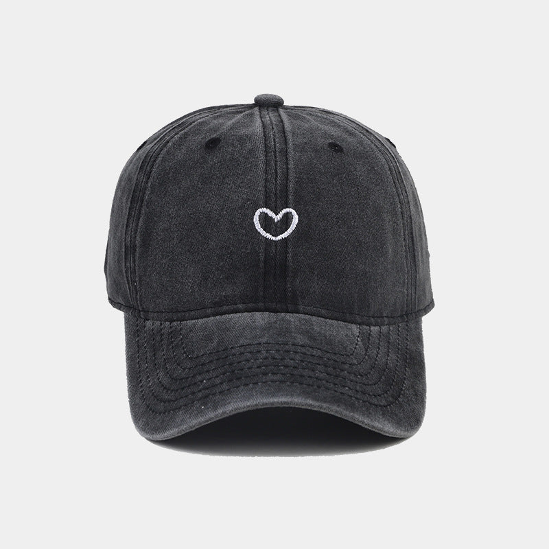 Washed Cotton Baseball Cap with Open-Back for High Ponytails & Messy Buns – Adjustable Retro Style Hat with Embroidered Heart | Thomler
