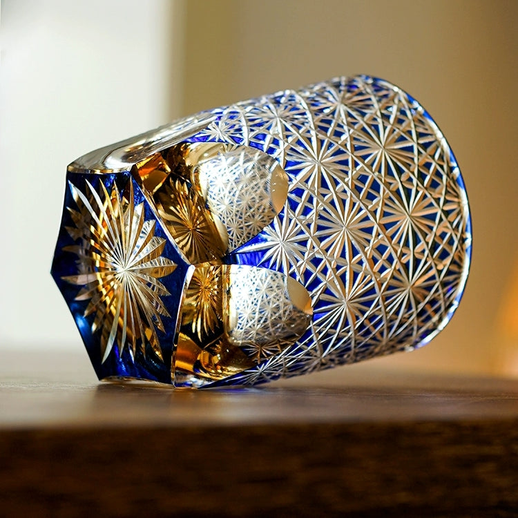 Whiskey Glass Handmade Cut Glass Blue Amber Japanese Whisky Tumbler Gift Collectible Barware Wooden Box | Thomler