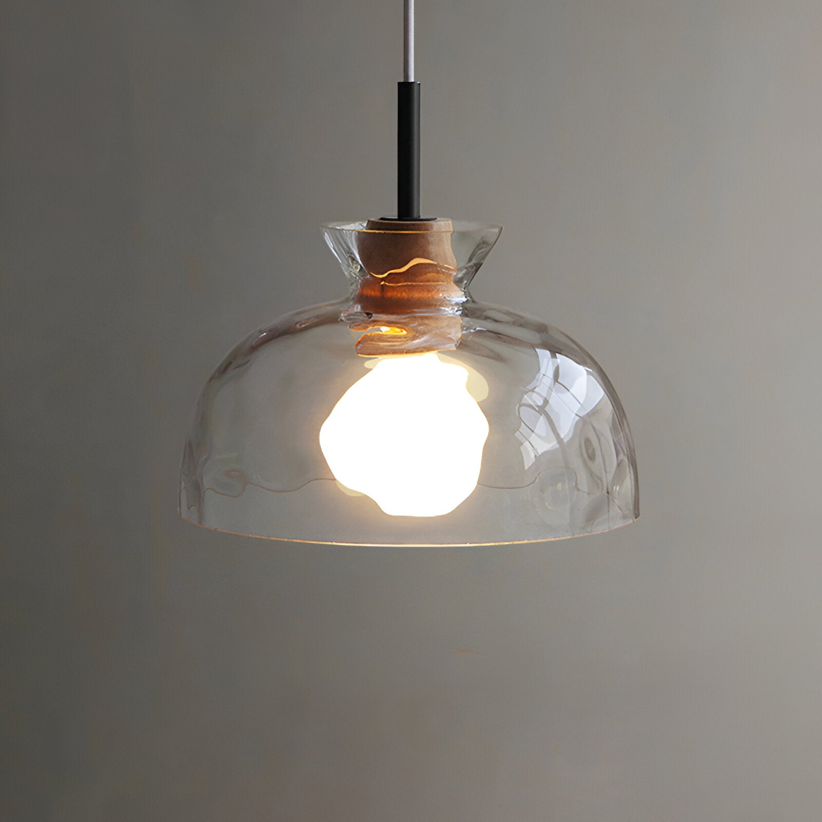Pendant Light Glass Wood 10.6 in Adjustable Dining Room Kitchen Island Hanging Ceiling Lamp Scandinavian Minimalist Clear Shade | Thomler