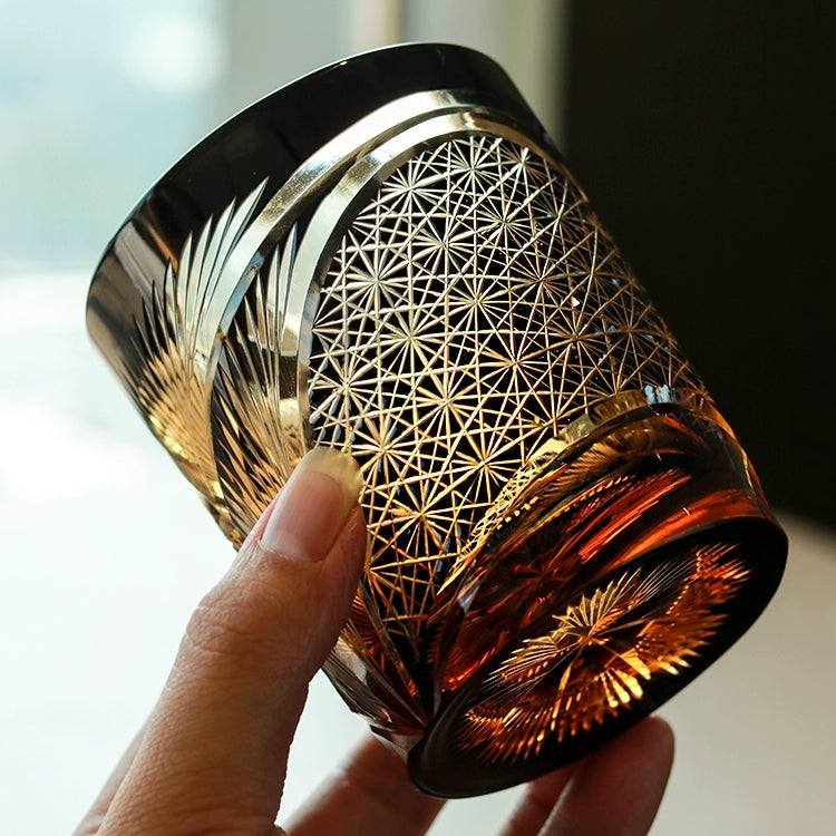Whiskey Glass Crystal Amber Crane Feather Pattern Japanese Style Barware Gift Box | Thomler