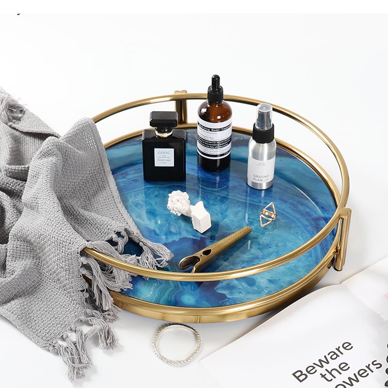 Serving Tray Glass Stainless Steel 16 in Blue Agate Pattern Dining Coffee Table Decorative Rectangle Round Display Platter | Thomler