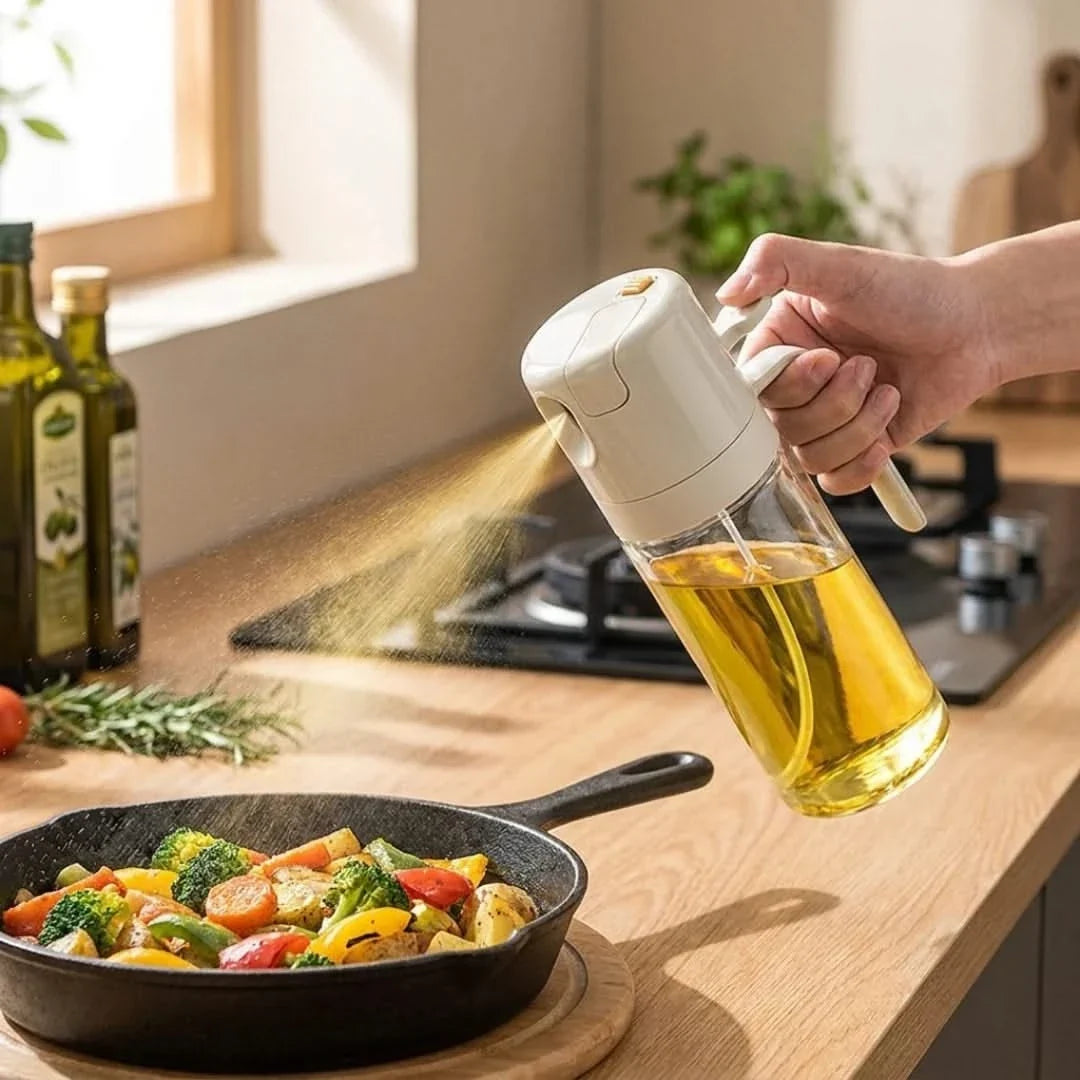 Dual-Function Glass Oil Bottle with Spray & Stream Nozzle – 19 fl oz Cooking Oil Dispenser for Kitchen | Thomler