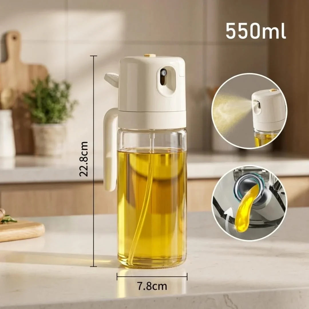 Dual-Function Glass Oil Bottle with Spray & Stream Nozzle – 19 fl oz Cooking Oil Dispenser for Kitchen | Thomler
