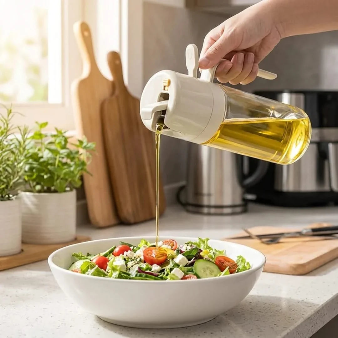 Dual-Function Glass Oil Bottle with Spray & Stream Nozzle – 19 fl oz Cooking Oil Dispenser for Kitchen | Thomler