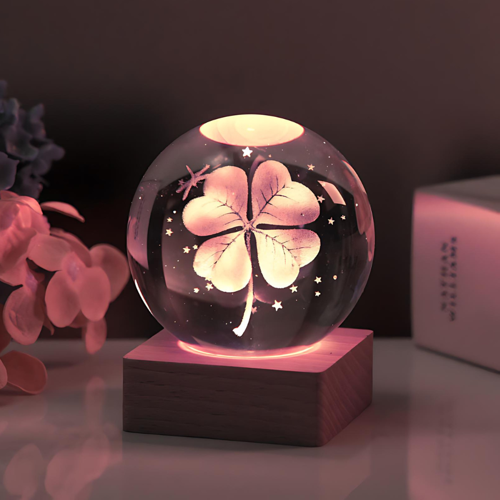 Table Lamp K9 Crystal Sphere 6.0 cm LED Wooden Base Desk Bedside Mood Lighting Decorative Accent | Thomler