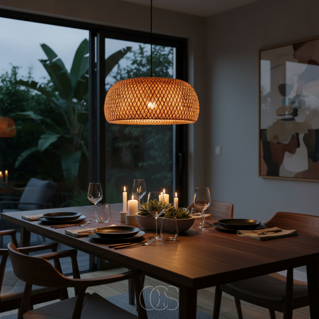 Woven Bamboo Pendant Light with Open Weave Shade – Adjustable Hanging Fixture for Dining Room, Kitchen Island & Entryway | Thomler