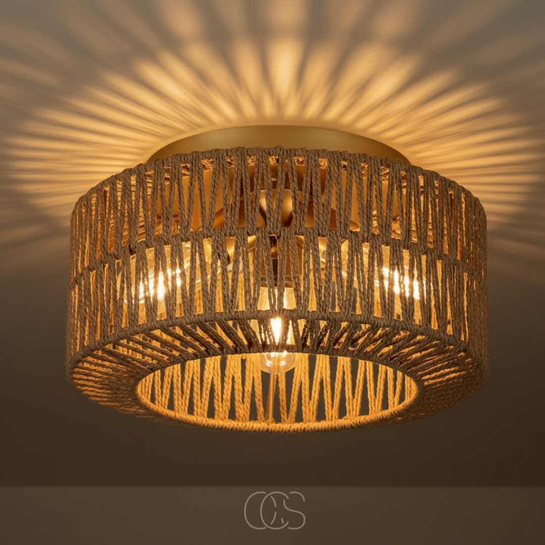 Handwoven Rattan Ceiling Light with 3-Color Temperature LED | Boho Flush Mount Pendant Lamp for Bedroom, Dining Room & Living Room | Thomler