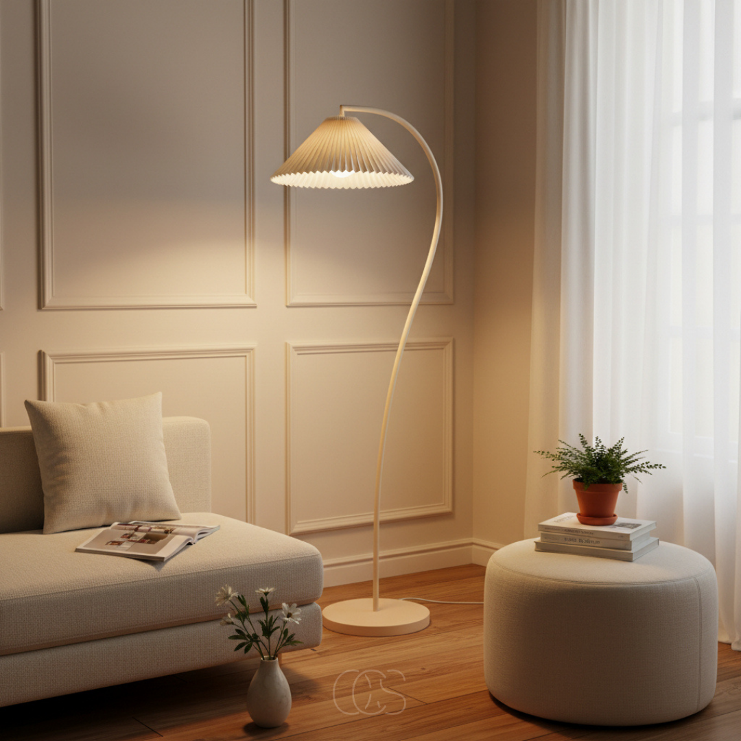 Arched Floor Lamp with Pleated Fabric Shade for Living Room, Bedroom & Reading Nook – Beige Linen Finish, E26 Socket, Foot Switch, 60 in | Thomler