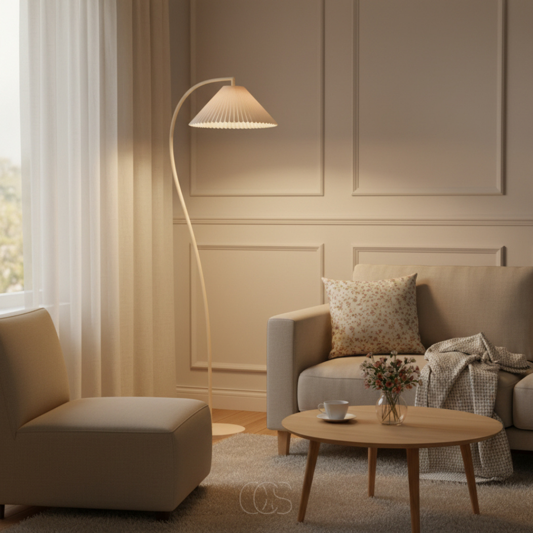 Arched Floor Lamp with Pleated Fabric Shade for Living Room, Bedroom & Reading Nook – Beige Linen Finish, E26 Socket, Foot Switch, 60 in | Thomler