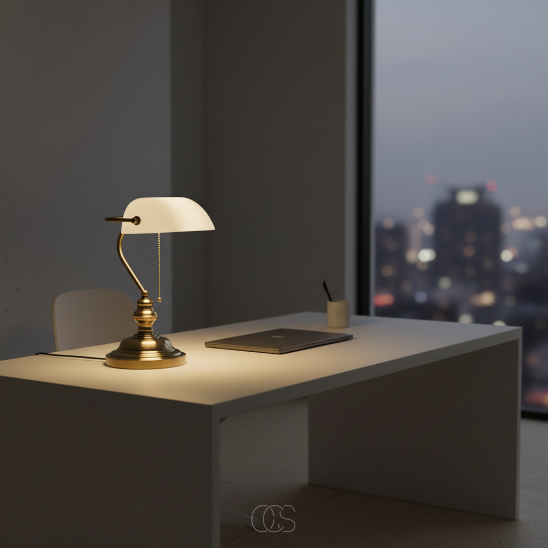 Classic Banker Desk Lamp with White Glass Shade & Antique Brass Base for Home Office Reading | Thomler