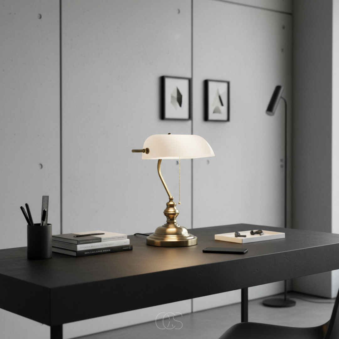 Classic Banker Desk Lamp with White Glass Shade & Antique Brass Base for Home Office Reading | Thomler
