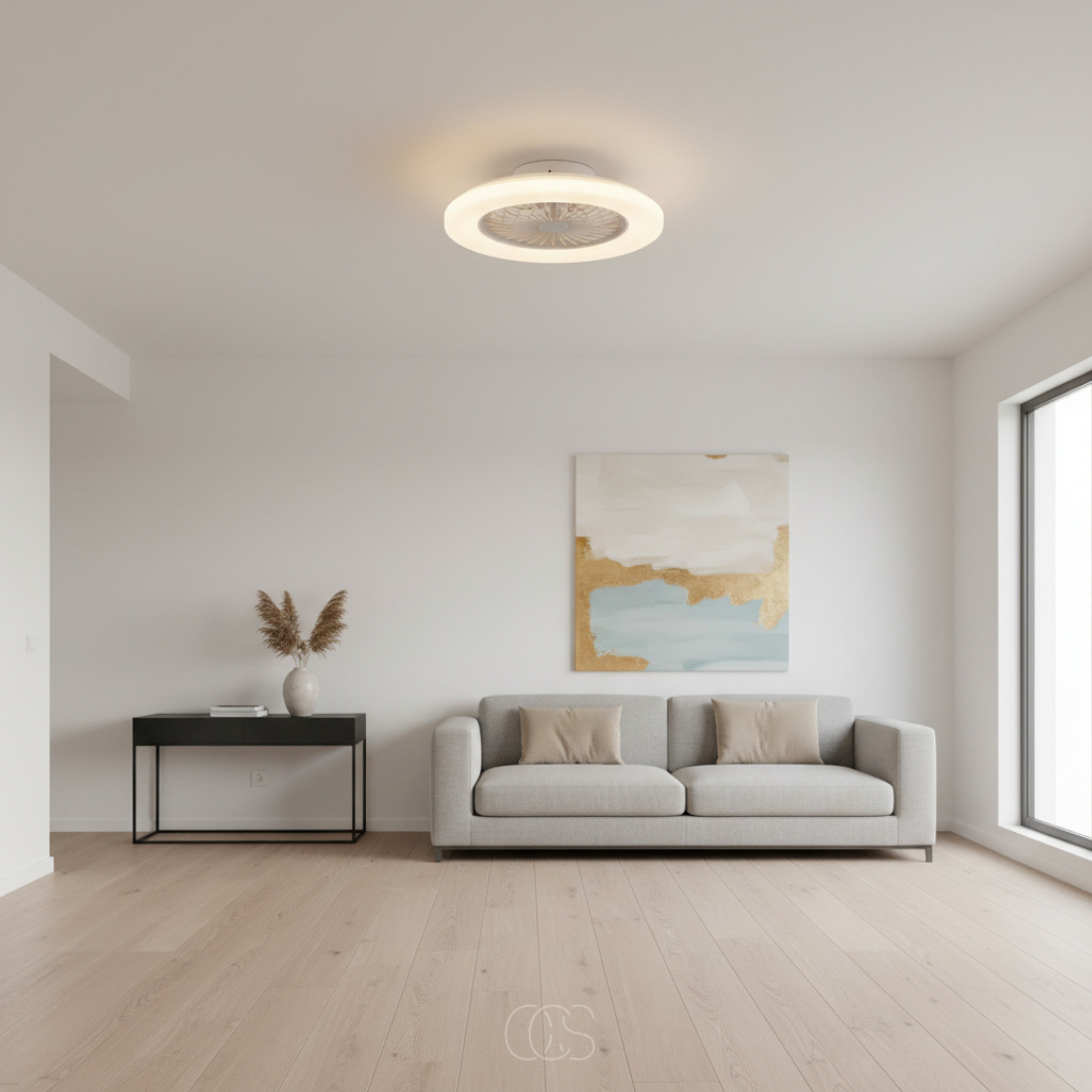 18-inch LED Ceiling Fan with Dimmable Ring Light & Remote – Ultra-Quiet DC Motor, Reversible Blades, 2400 Lumens – Modern White | Thomler