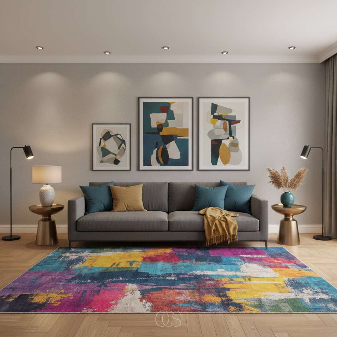 Multicolor Abstract Area Rug 6.6x7.5 ft Low-Pile Polyester Marble Wave Living Room Dining Room Bedroom Rug Soft Chenille Woven Modern | Thomler