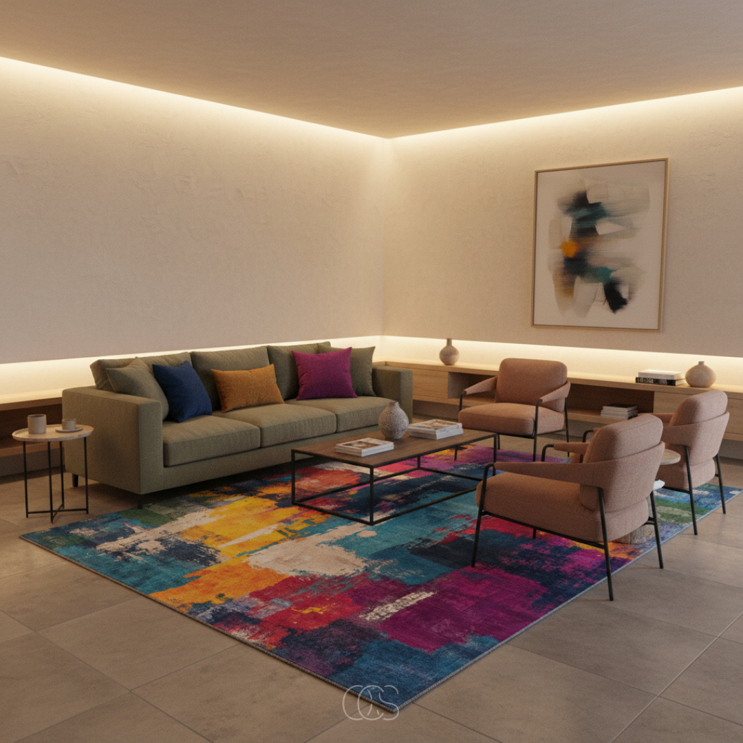 Multicolor Abstract Area Rug 6.6x7.5 ft Low-Pile Polyester Marble Wave Living Room Dining Room Bedroom Rug Soft Chenille Woven Modern | Thomler