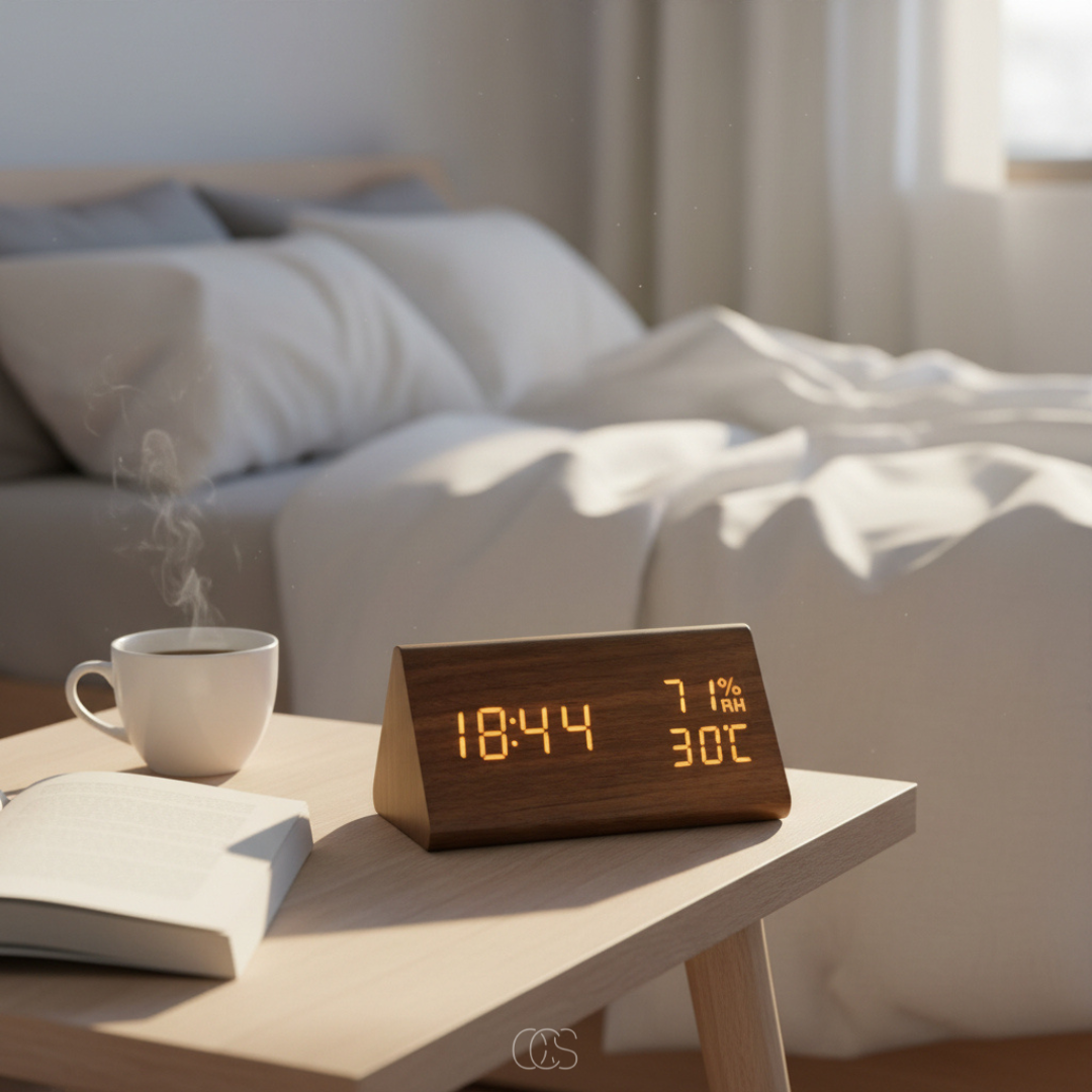 Digital Wooden Alarm Clock with Temperature & Humidity Display — 7-Level Dimming LED, Sound-Activated Screen, USB Charging Ports — Bedroom | Thomler