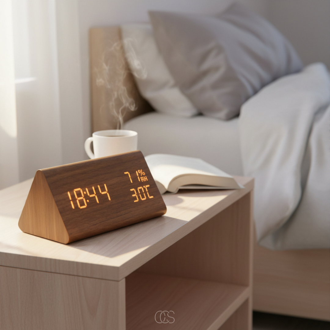Digital Wooden Alarm Clock with Temperature & Humidity Display — 7-Level Dimming LED, Sound-Activated Screen, USB Charging Ports — Bedroom | Thomler
