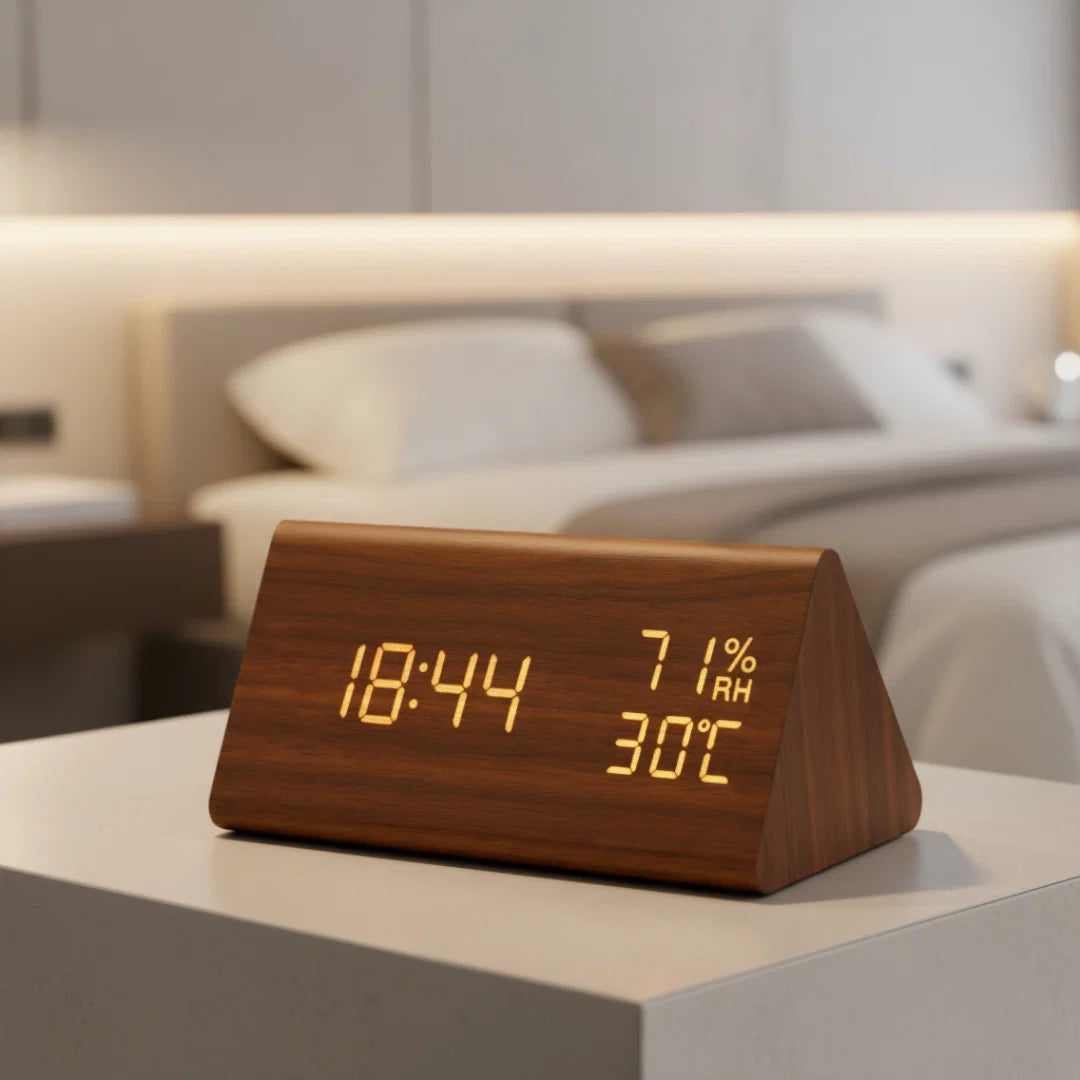 Digital Wooden Alarm Clock with Temperature & Humidity Display — 7-Level Dimming LED, Sound-Activated Screen, USB Charging Ports — Bedroom | Thomler