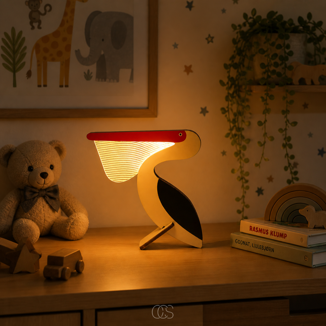 Wooden LED Animal Table Lamp for Kids' Room & Nursery Nightstand Lighting with Whale Toucan Pelican Designs | Thomler