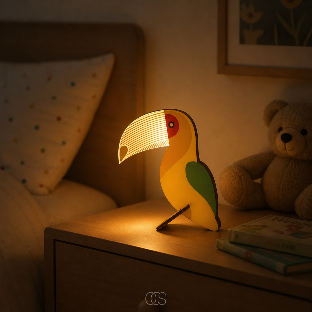 Wooden LED Animal Table Lamp for Kids' Room & Nursery Nightstand Lighting with Whale Toucan Pelican Designs | Thomler