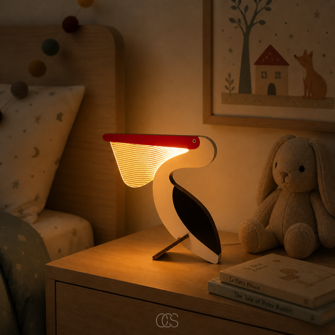 Wooden LED Animal Table Lamp for Kids' Room & Nursery Nightstand Lighting with Whale Toucan Pelican Designs | Thomler