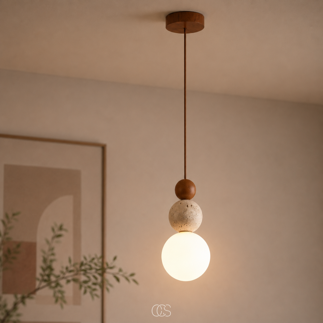 Glass Globe Pendant Light with Travertine & Wood Accents | Modern Wabi-Sabi Hanging Fixture for Dining Room, Bedroom & Kitchen | Warm | Thomler